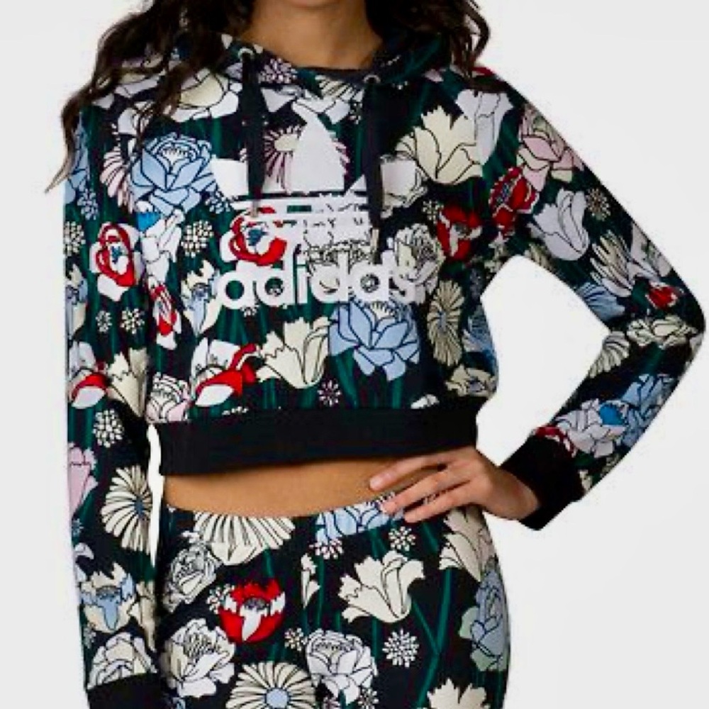 adidas Floral Cropped Hoodie in Green, Black, White, Blue, Red